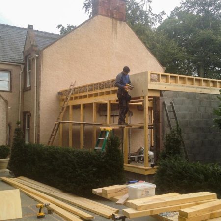 Wooden frame of extension to gable end of a house